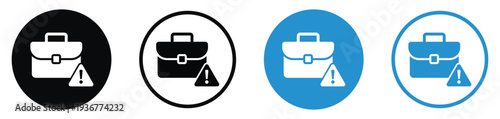 Business briefcase icon with an exclamation warning sign. Represents portfolio risk, job alerts, work errors, or urgent professional notifications. Clean flat design in black and blue variations.