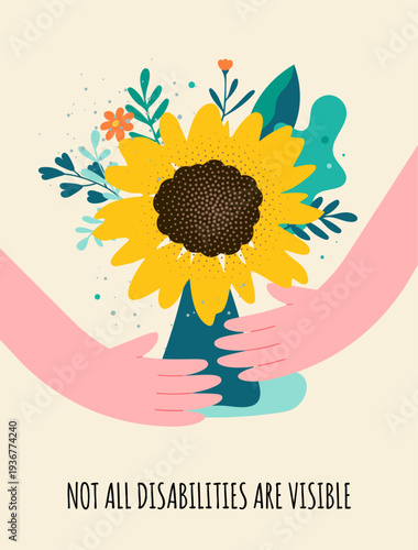 hidden disability awareness  vertical card with light background, human hands and sunflower symbol concept, modern vector illustration