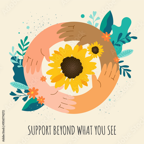 Hidden support square card, banner,  hidden disability matter concept , sunflower symbol and hand, modern vector illustration