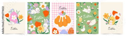 Easter greeting card set with spring hand drawn Easter cake, eggs,  bunny, chicken, sheep, goose, flowers. Modern art template for poster, holiday cover