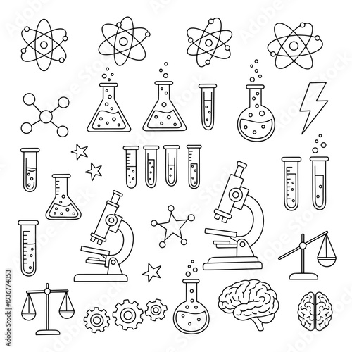 science laboratory line icons set with atom microscope flasks test tubes molecules and research equipment illustration on transparent background