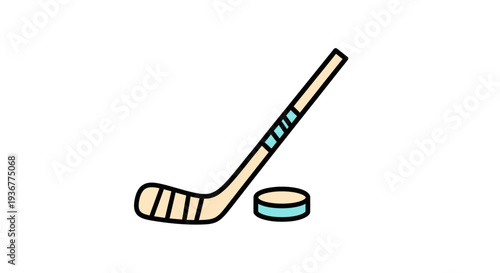 Simple illustration of a hockey stick and puck on a white background.