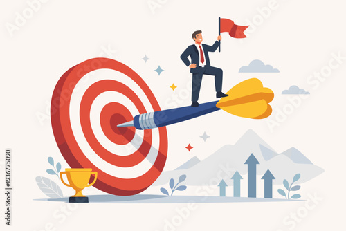 Successful businessman standing on a dart hitting the bullseye of a target holding a red flag, concept of business achievement, reaching goals, winning challenges, leadership, and career growth
