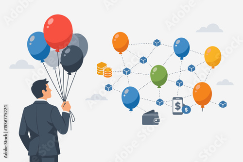 Businessman holding centralized balloons looking at a decentralized blockchain network with blocks, coins, and digital wallet icons, representing DeFi, distributed authority, and technology.