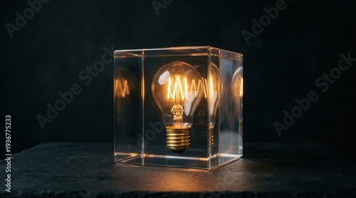 Glowing light bulb inside transparent glass cube, innovation concept