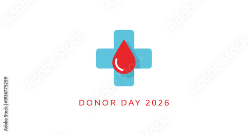 Donor Day 2026 logo with red blood drop on blue medical cross.