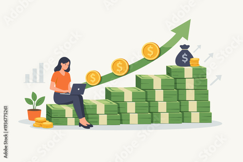 Woman Sitting on Stacks of Cash Using Laptop with Rising Arrow and Gold Coins, Representing Financial Growth, Investment Success, Salary Increase, Wealth Accumulation, and Business Profit Growth.