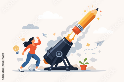 Woman Launching Giant Pencil from Cannon for Creative Inspiration, Storytelling, and New Idea Start. Concept for Blogging, Writing, Education, and Business Innovation Vector Illustration.