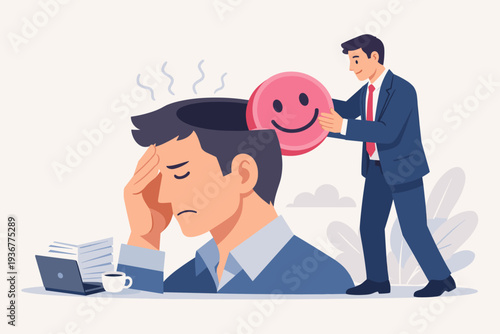 Mental health support and workplace wellness concept with a businessman putting a happy smiley face into a stressed colleague's head to relieve burnout, anxiety, and depression at work.