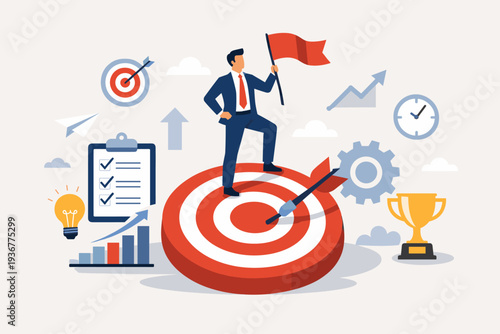 Successful Businessman Standing on a Large Target Holding a Red Flag, Surrounded by Symbols of Achievement like a Trophy, Checklist, and Bar Chart, Illustrating OKR Strategy and Goal Setting.