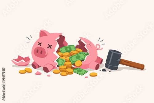 Broken Pink Piggy Bank Smashed with a Hammer Spilling Gold Coins and Cash Banknotes, Concept of Financial Crisis, Money Loss, Bankruptcy, Failed Investment, Debt, and Tax Planning Mistakes.