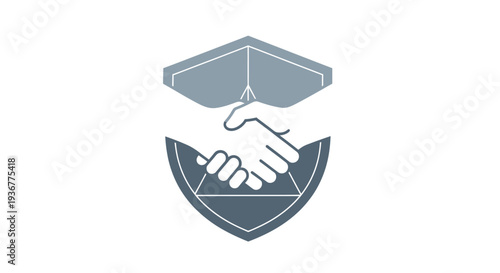 Handshake and graduation cap on shield symbolizing academic partnership.