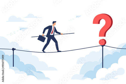Businessman Walking on Tightrope Towards Large Question Mark in Clouds, Concept of Business Uncertainty, Risk Management, Career Challenges, Investment Strategy, and Finding Solutions in Crisis