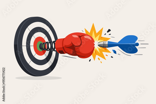Business obstacle and career struggle concept with a boxing glove on a spring punching a dart away from the target bullseye, representing difficulty in achieving goals and hard situations.