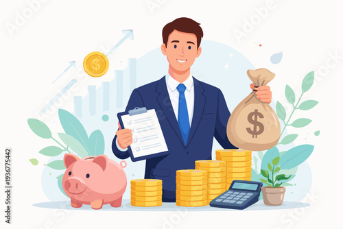 Professional Financial Advisor Managing Wealth and Investment Portfolio with Money Bag, Piggy Bank, Stacks of Gold Coins, and Calculator for Business Growth, Savings, and Retirement Planning.