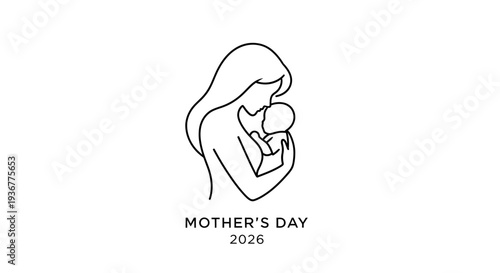 Minimalist Mother's Day 2026 illustration of mother holding baby.