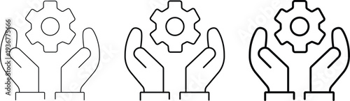 Line art icon of two hands holding a gear, symbolizing support, service, or settings.