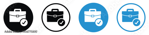 Professional briefcase icon with a checkmark symbol. Illustrates successful job completion, approved applications, verified work, or finished business tasks. Modern outline and solid styles.