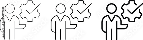 Line art icon of a person next to a gear with a checkmark, representing successful settings or verified user management.