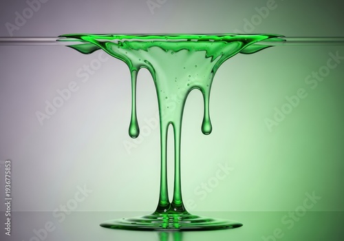 A vibrant, shocking neon green liquid dripping slowly down a clear surface, creating thick, glossy, sticky streaks and a glowing, eerie texture, horror, material, retro