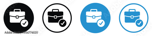 Professional briefcase icon with a checkmark symbol. Illustrates successful job completion, approved applications, verified work, or finished business tasks. Modern outline and solid styles.