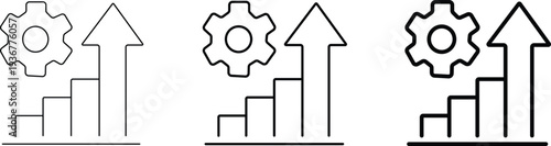 Icon set showing a bar chart with an upward arrow and a gear, symbolizing process improvement, growth, and settings management.