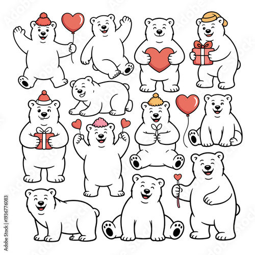A polar bear illustration set with various cute poses and Valentine's Day themes
