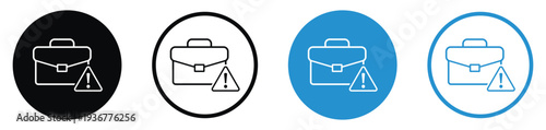 Business briefcase icon with an exclamation warning sign. Represents portfolio risk, job alerts, work errors, or urgent professional notifications. Clean flat design in black and blue variations.