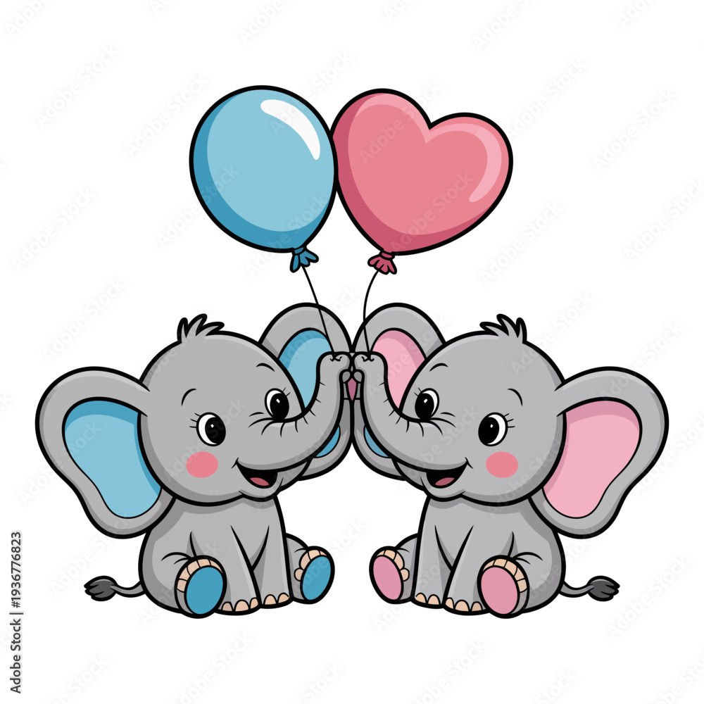 Naklejka premium A cute cartoon illustration of two elephants with colorful balloons