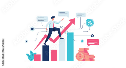 A businessman is stepping up a rising bar chart with a red growth arrow and various business icons.