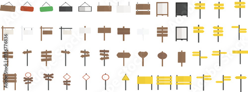 Blank Wooden Signage and Wayfinding Signpost Collection, Realistic Wood Boards and Directional Arrow Banners Set, Rustic Notice Boards and Signposts Isolated on White
