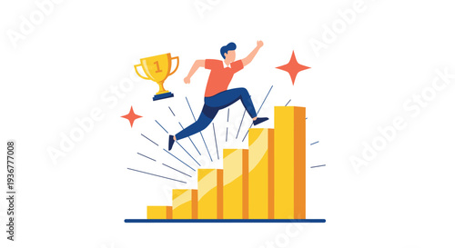 A man in a red shirt leaps over a yellow bar chart with a golden trophy and stars in the background.