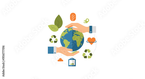 Two hands cradle a blue and green globe surrounded by environmental and recycling icons on a white background.