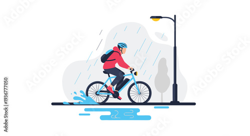 A person in a red jacket and blue helmet rides a bicycle through puddles in the rain.