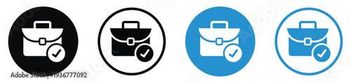 Professional briefcase icon with a checkmark symbol. Illustrates successful job completion, approved applications, verified work, or finished business tasks. Modern outline and solid styles.
