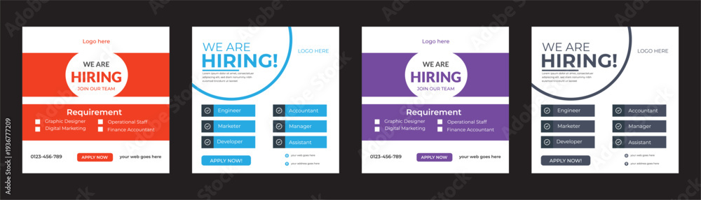 Obraz premium We are hiring job vacancy square banner social media post template watercolor paint brush strokes texture We are hiring job vacancy social media post banner template with black and red color. Grunge 
