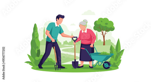A young man with a pitchfork helps an elderly woman with a shovel next to a wheelbarrow in a sunny garden.