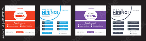 We are hiring job vacancy square banner social media post template  watercolor paint brush strokes texture We are hiring job vacancy social media post banner template with black and red color. Grunge 