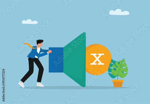Creative flat illustration of business person pushing giant megaphone with large circle and cross symbol representing communication, marketing, advertising, broadcasting, and public relations concept