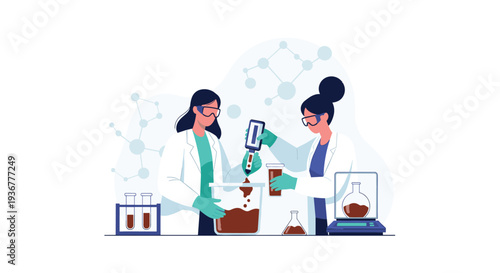 Two female scientists in lab coats and safety goggles are actively conducting a chemistry experiment with beakers, pipettes, and droppers.