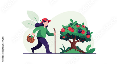 A woman wearing a red hat and green shirt carries a basket of berries while walking past a fruit-laden tree.