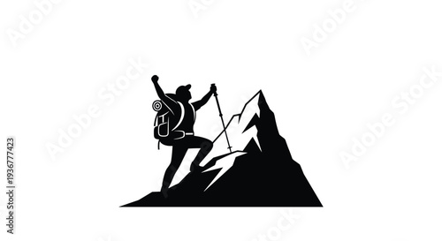 A triumphant hiker, silhouetted in black, stands with a backpack and trekking poles on a sharp mountain peak against a plain white background.