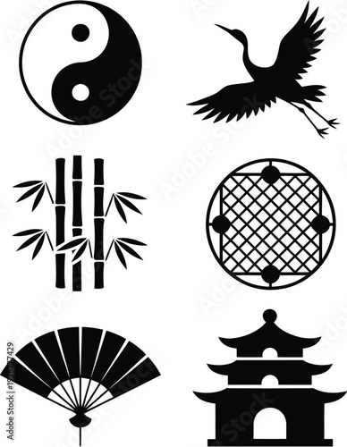 A serene Asian inspired illustration set featuring iconic symbols and motifs