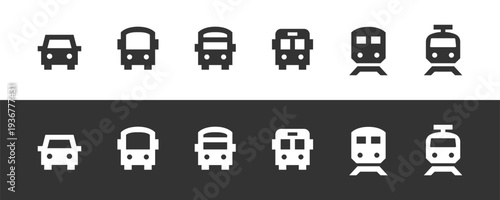 Collection of simple flat icons representing cars, buses, and trains on white and dark backgrounds. Flat vector