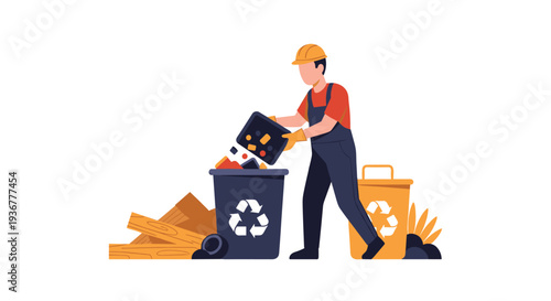 A male worker in a hard hat and overalls sorts electronic waste into a dark blue recycling bin, with another yellow bin and refuse scattered nearby.