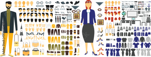 Mega Business Character Creation Kit with Male and Female Avatars, Professional Office Outfits, Furniture, and Workspace Accessories for Animation and Infographics