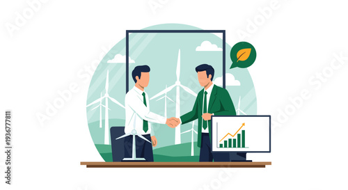 Two businessmen in suits shake hands across a desk with wind turbines and a growth graph in the background.