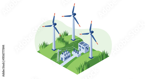 Three large wind turbines and a substation with solar panels are generating power on green rolling hills.