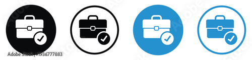 Professional briefcase icon with a checkmark symbol. Illustrates successful job completion, approved applications, verified work, or finished business tasks. Modern outline and solid styles.