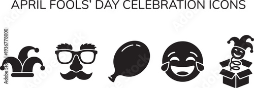 Jester hat disguise glasses and laughing emoji icons set for April fools day celebration with whoopee cushion and jack in the box for holiday humor
